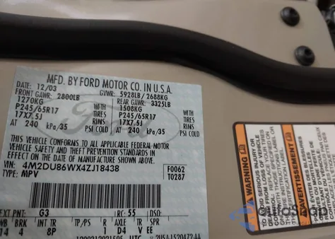 2004 Mercury Mountaineer из США, поврежденный, VIN 4M2DU86WX4ZJ18438